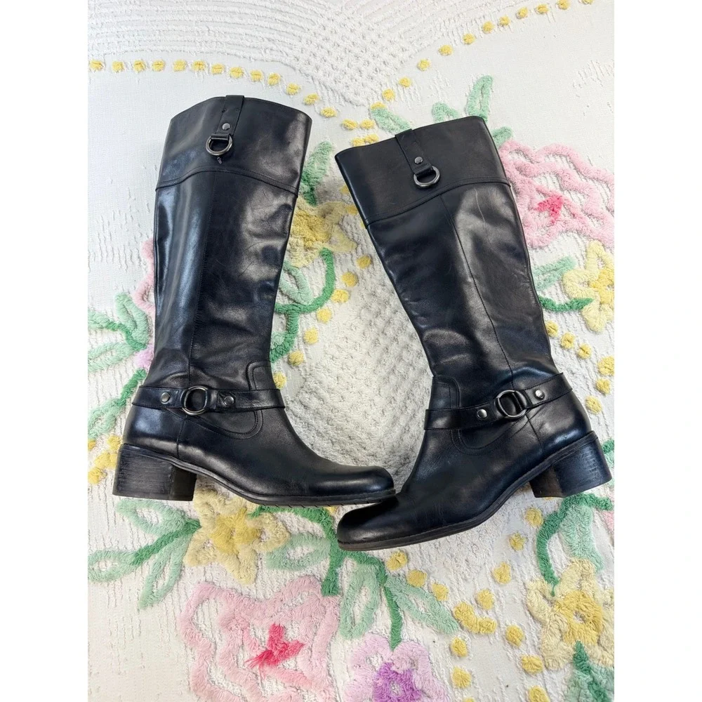 Bandolino BDCOPLIE Black Leather Tall Riding Boots Womens 10M Block Heel Harness